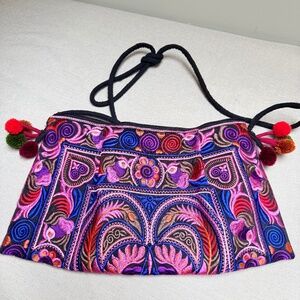 Boho Embroidered Shoulder Crossbody Bag With Pom Poms